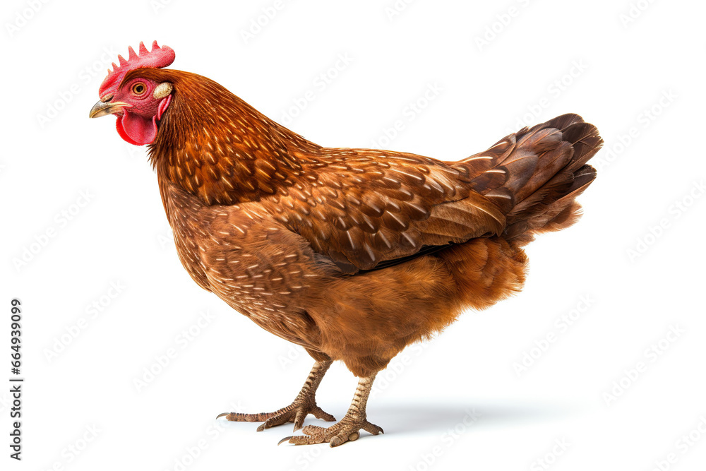 Fototapeta premium Brown Hen Showcasing Its Strut on a White Background