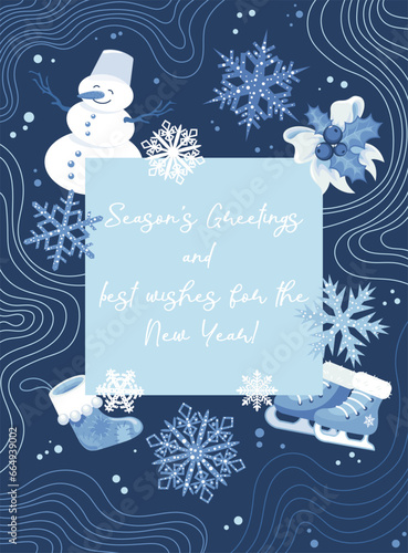 Φωτογραφία Christmas and New Year greeting card template in blue tones on a dark background with traditional holiday symbols