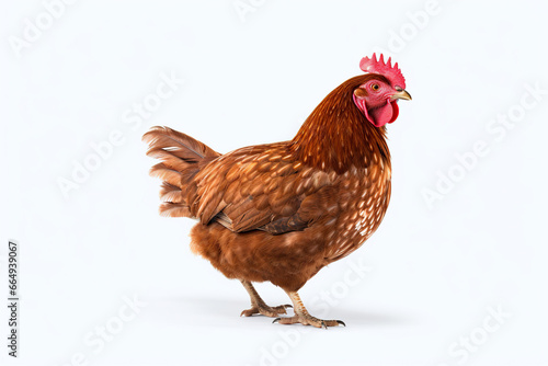 Brown Hen Showcasing Its Strut on a White Background
