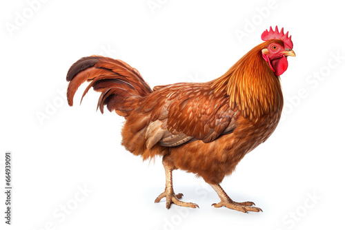 Brown Hen Showcasing Its Strut on a White Background