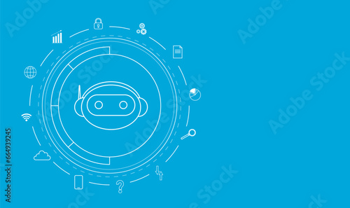 Chat bot robot character with circle hologram. Network interface. Artificial intelligence technology. Digital machinery. Virtual globe with various icons. Futuristic innovation. Vector illustration
