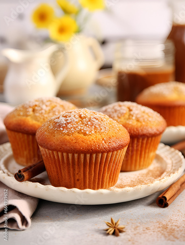 Delicious baked cinnamon cupcakes on white plate, blurred background