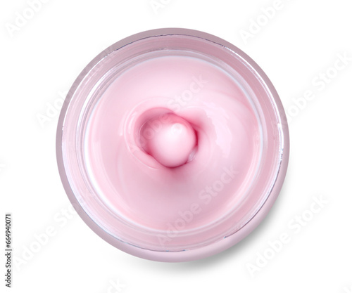 Opened colored moisturizer cream in container on top with white background