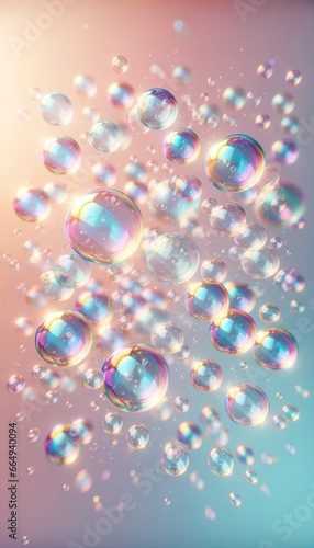 Iridescent balloon bubble on pastel background with gradient. A vibrant and whimsical bubble of joy radiates in the sky, its radiant rainbow background captivating the viewer with its dazzling colors 