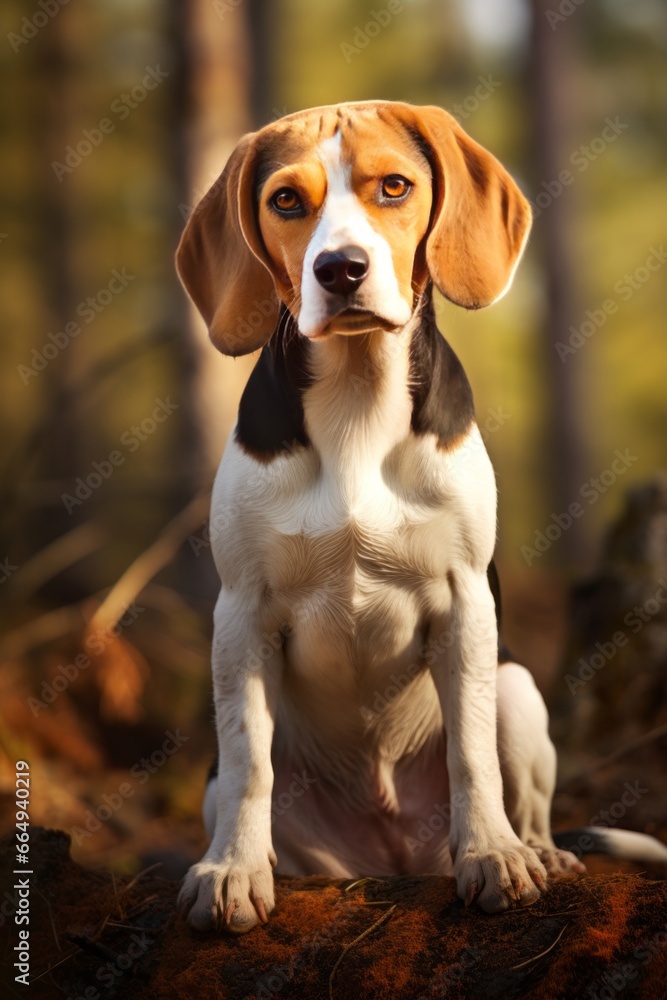 A Beagle standing alert with its ears perked up, keenly listening to its surroundings.