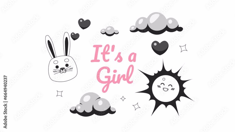 Girl baby shower monochrome greeting card animation. Sunshine cloudscape lovely 4K video motion graphic. Cute bunny daydreaming sky 2D black and white postcard animated ecard cartoon isolated on white Girl baby shower monochrome greeting card animation. Sunshine cloudscape lovely 4K video motion graphic. Cute bunny daydreaming sky 2D black and white postcard animated ecard cartoon isolated on white