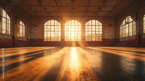 Empty classical dance hall with mirror  sunlight from windows. Ballet class