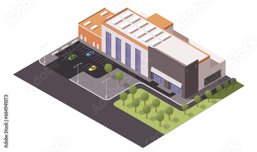 City mall building architecture. Modern supermarket. Commercial retail business construction. Facade exterior with parking zone. Private property. Town city center. Isometric vector illustration