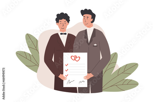 A male couple holding signed marriage contract. Happy married gay men with prenup document. Newlywed husbands with prenuptial agreement and marriage certificate. Romantic marriage of love partners. photo