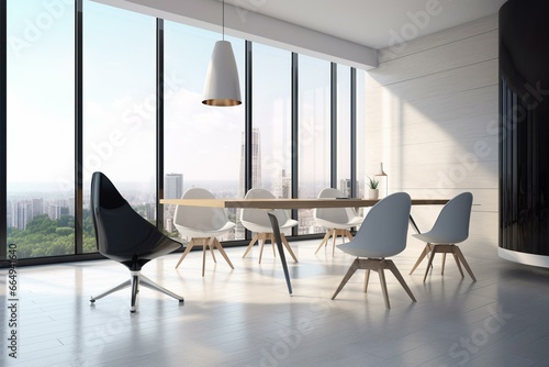 Contemporary office interior with chairs  table  and panoramic window. Modern design. Rendering. Generative AI