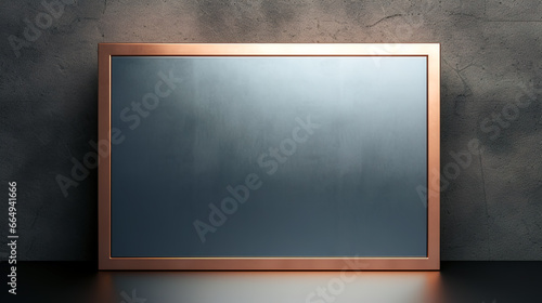 Blue rectangle in a bronze frame, geometric background with space for text.