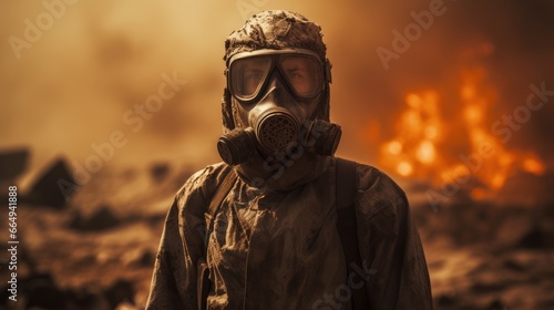 Scorched earth after the end of the world. Man in a mask and protective suit