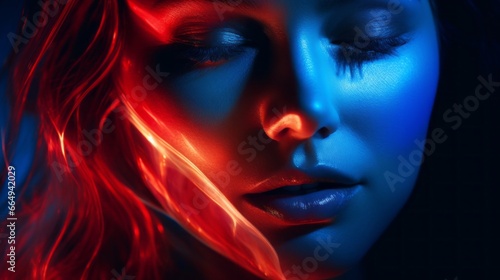 Woman with two colors of light in front of her face  in style of curves blurred red and blue color light. Beauty portrait closeup  long exposure