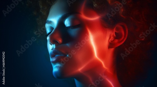 Woman with two colors of light in front of her face  in style of curves blurred red and blue color light. Beauty portrait closeup  long exposure