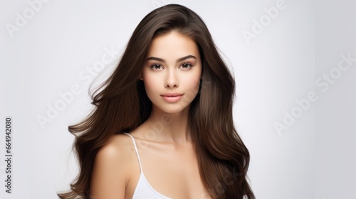 closeup photo portrait of a beautiful young model woman happy and smiling. isolated on a white background