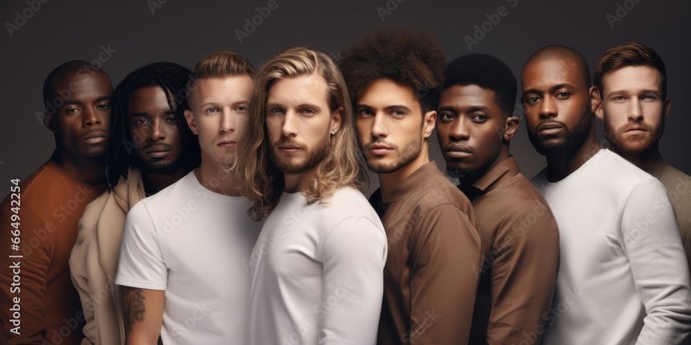 Multiracial men from the united states in a group, in the style of light white and dark amber. Success people Different races and religions - obrazy, fototapety, plakaty 