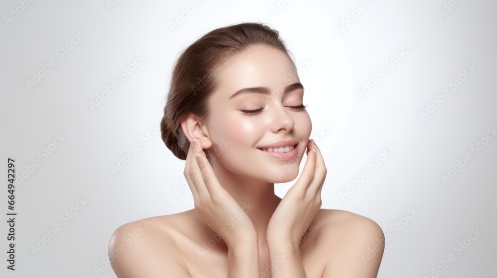 portrait of a beautiful young model woman happy and smiling with clean teeth. on an isolated white background portrait of a beautiful young model woman happy and smiling with clean teeth. on an isolated white background