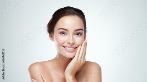 portrait of a beautiful young model woman happy and smiling with clean teeth. on an isolated white background