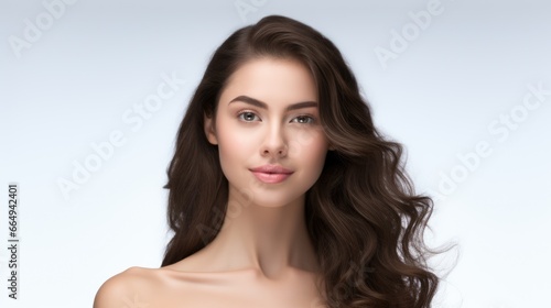 closeup photo portrait of a beautiful young model woman happy and smiling. on an isolated white background