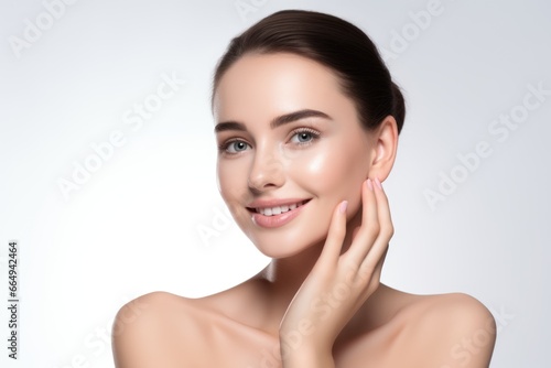 portrait of a beautiful young model woman happy and smiling with clean teeth. on an isolated white background