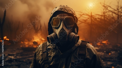 Scorched earth after the end of the world. Man in a mask and protective suit