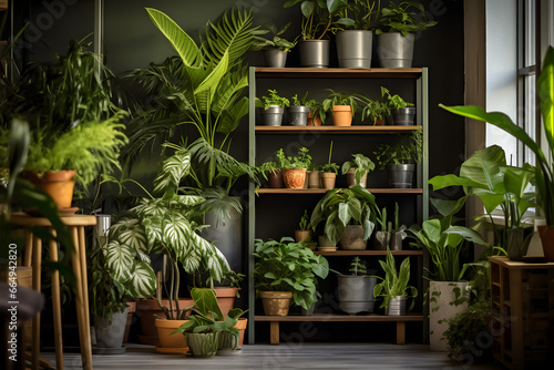 different green house plants in modern pots in the home interior