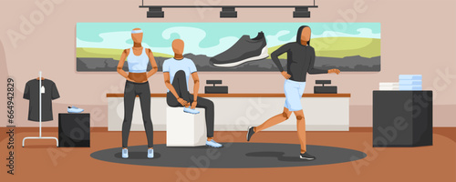 Set of black and blue sportswear on mannequin at showcase in various position. Shop interior. Collection of trousers, t-shirt, top, bag, sneaker. Fashion male and female clothes. Vector illustration