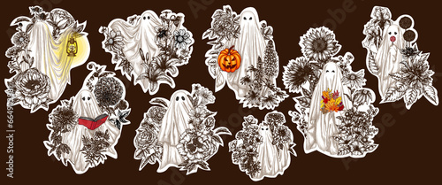Vector sticker set of 8 different ghosts in flowers. Ghost with a book, with a lamp, with a bouquet, with a candy, with halloween pumpkin, ghost cat