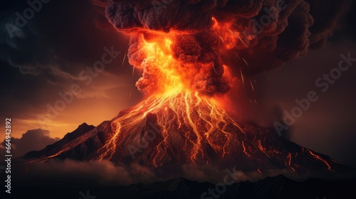Volcano eruption at night. Natural disaster, volcano explosion. Lava erupts