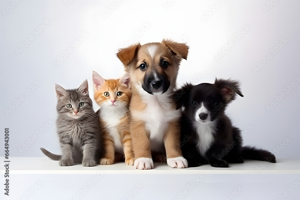 cat and dog isolated on a neutral background, pets sitting together and looking at the camera cat and dog isolated on a neutral background, pets sitting together and looking at the camera