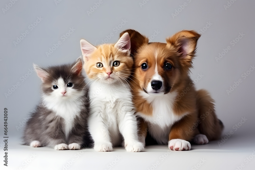 cat and dog isolated on a neutral background, pets sitting together and looking at the camera