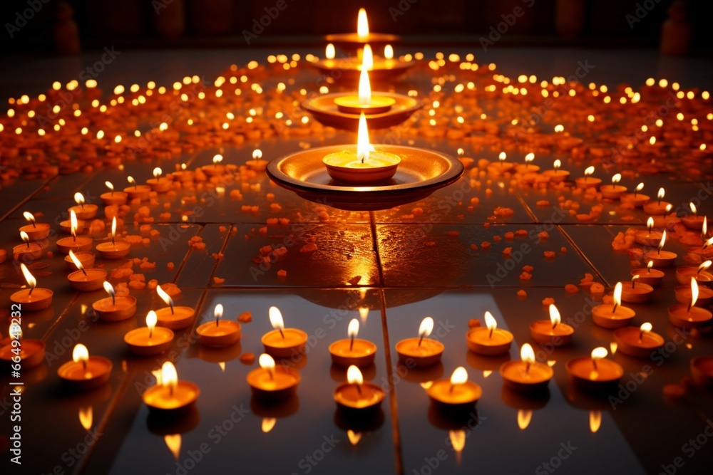 Candles form a circle, one ablaze, illuminating a radiant core