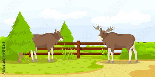 Brown deer standing near fence in zoo. Summer vacation. Natural wildlife. Forest with tree. Cartoon design. Cute character. Picturesque landscape. Wild nature. Vector illustration