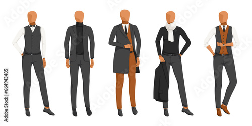 Collection of black, brown and white formal wear on mannequin in row. Collection of jacket, shirt, trousers, vest, shoes. Male warm office uniform. Isolated on white background. Vector illustration