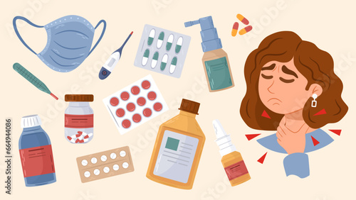 Collection of sore throat treating medicine. Woman got sick and touching neck. Concept of illness treatment, flu and fever disease. Healthcare therapy. Seasonal ill. Vector illustration