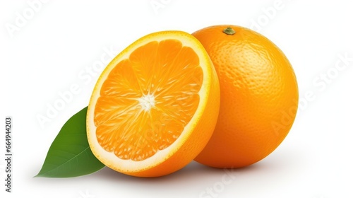 orange fruit cut in half and green leaves isolated on a white background.