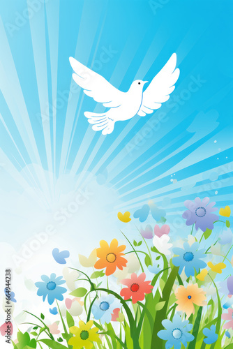Vertical flowers and dove background with copy space for greeting text
