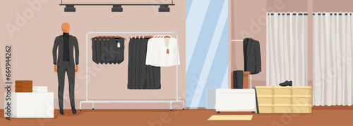 Collection of black and white formal wear on sale at shop showcase. Collection of jacket, shirt, trousers, vest, shoes. Male warm office uniform demonstrated on mannequin. Vector illustration