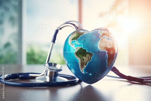 Doctor's globe heart and stethoscope signify global health, with room for content photo