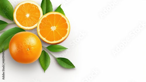 top view orange fruit with sliced and green leaves isolated on a white background.