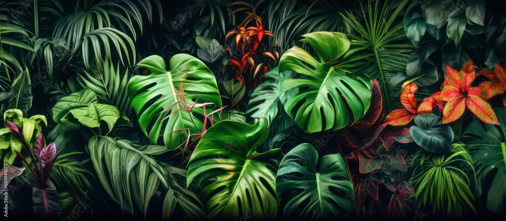 Green tropical leaves as background - obrazy, fototapety, plakaty 