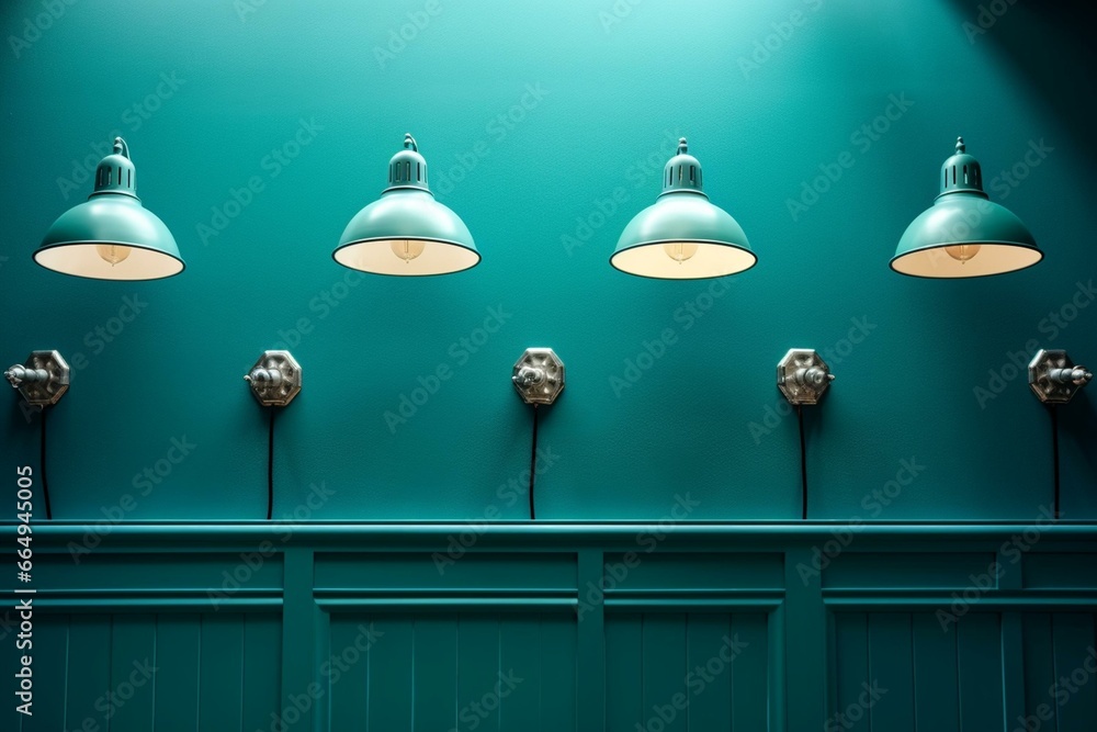 Obraz premium Blogging against a blue-green wall with 5 lamps. Generative AI