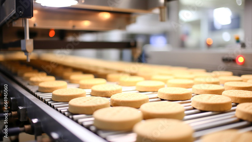 Biscuits on conveyor belt at factory. Biscuits on conveyor belt in confectionery factory. Production line at the bakery. Food Industry.
