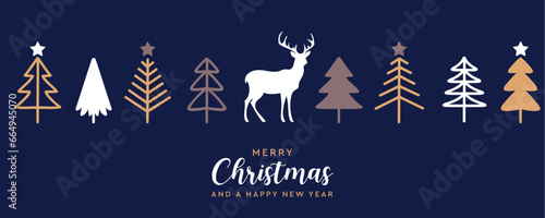 christmas greeting banner with deer and fir tree decoration vector illustration