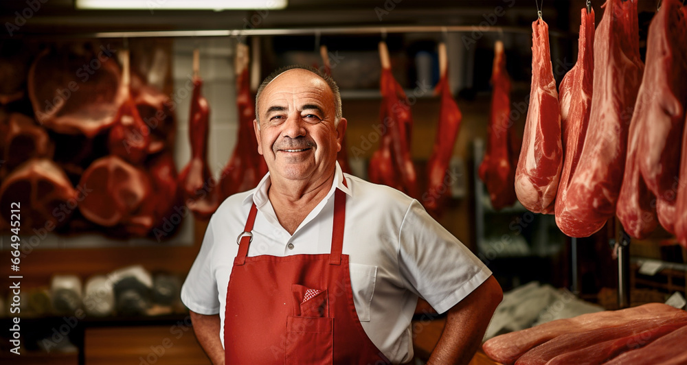 Successful middle-aged male owner of butcher shop selling traditional spanish jamon.

