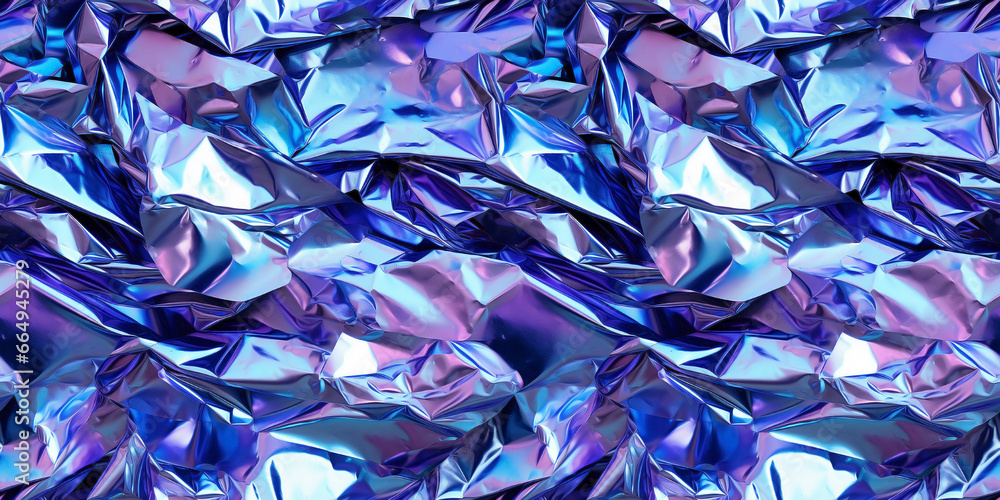 Silver, purple, and dark blue holographic surface seamless pattern. Shimmering iridescent tile. Futuristic twisted and crumpled aluminum foil made of liquid metal with color gradients. Silver, purple, and dark blue holographic surface seamless pattern. Shimmering iridescent tile. Futuristic twisted and crumpled aluminum foil made of liquid metal with color gradients.