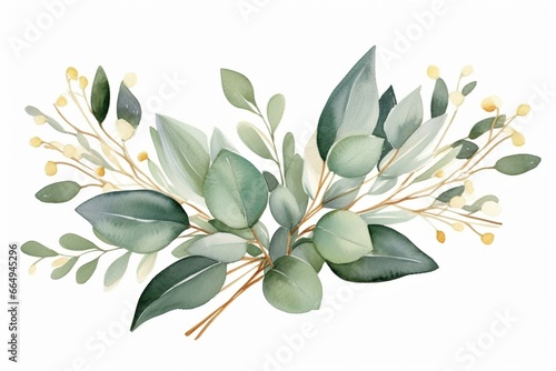 Watercolor eucalyptus leaves bouquet with gold line illustration on white background. Generative AI