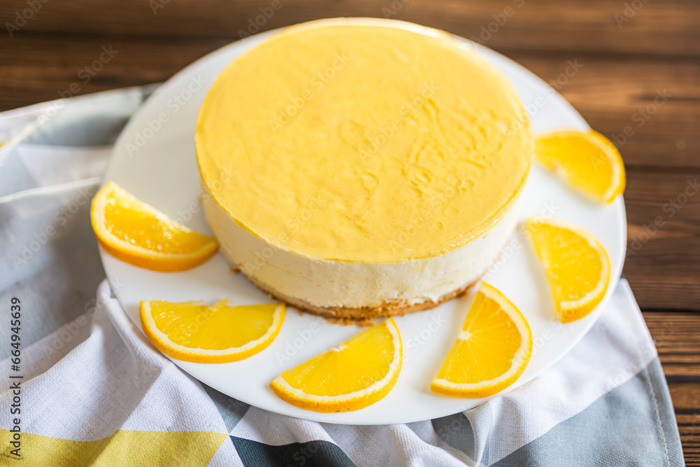 Sugar dessert, cake with cream and citrus. Holiday baking. Homemade pastry Sugar dessert, cake with cream and citrus. Holiday baking. Homemade pastry