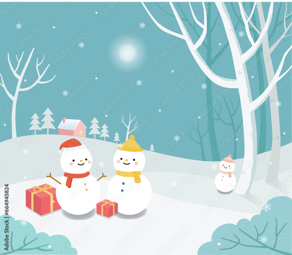 Winter snowy landscape illustration with snowman, gifts and trees