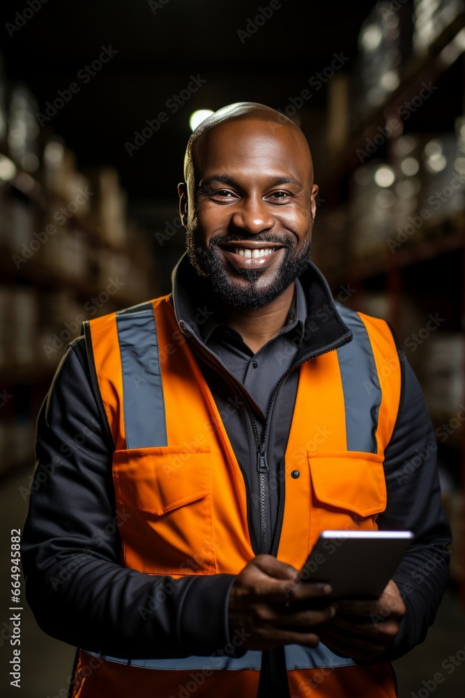 A happy and smiling worker in a warehouse engineer supervising operations. Handle packages with precision and efficiency, ensuring smooth logistics. Young adult worker in logistics. A happy and smiling worker in a warehouse engineer supervising operations. Handle packages with precision and efficiency, ensuring smooth logistics. Young adult worker in logistics.